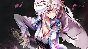 Anime Girl With White Fox Mask And Katana In Traditional Japanese Attire HD wallpaper
