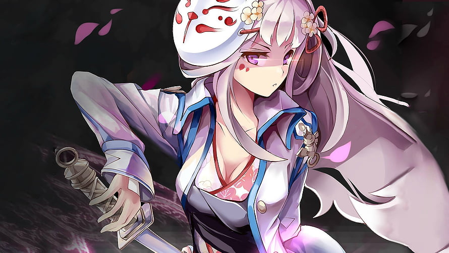 Anime Girl With White Fox Mask And Katana In Traditional Japanese Attire HD wallpaper