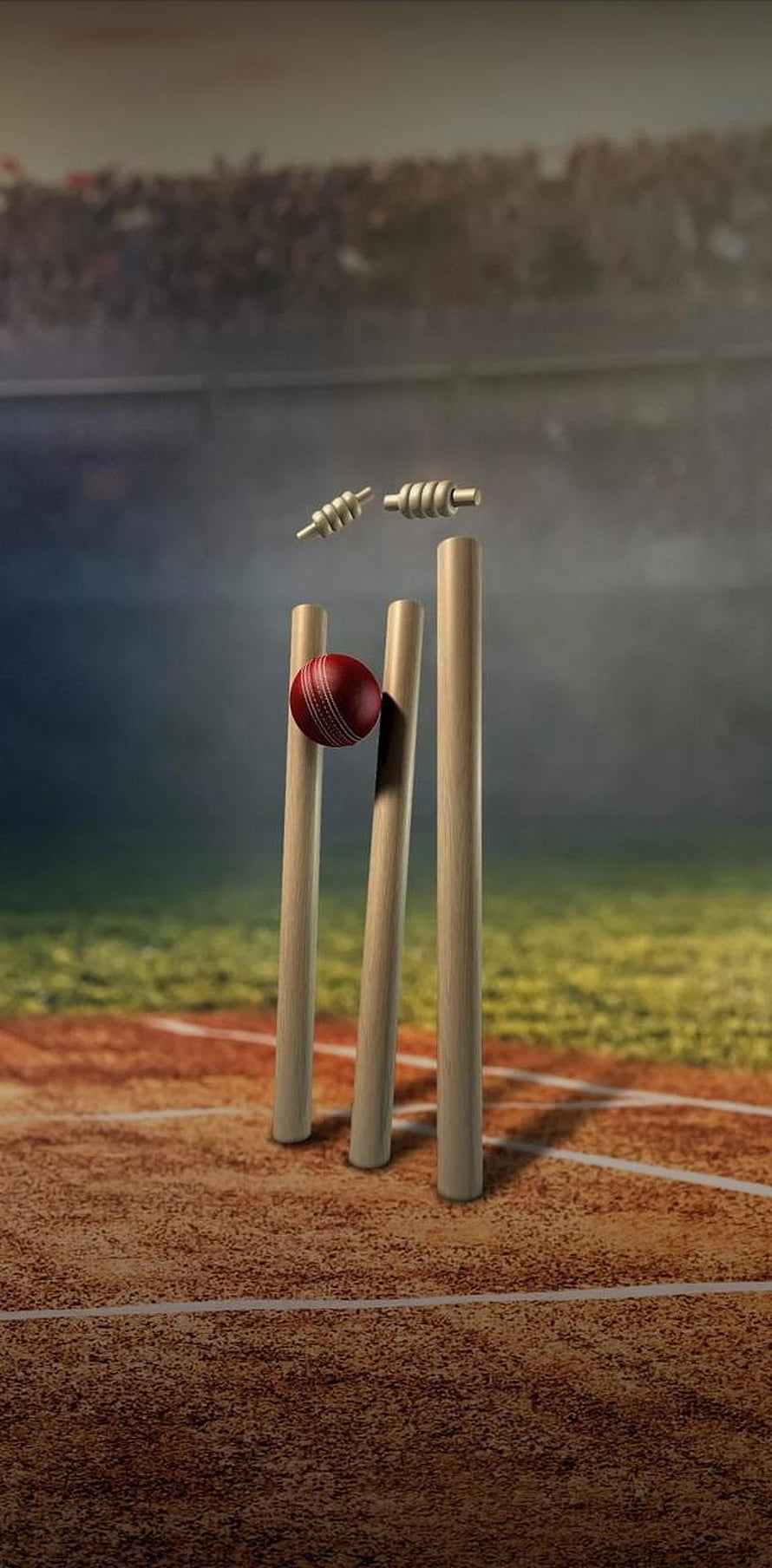 Dramatic Cricket Wicket with Red Ball and Bails Flying on a Dusty Pitch HD phone wallpaper
