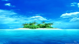 Serene Tropical Island with Palm Trees and White Sand Beach Under a Bright Blue Sky HD wallpaper