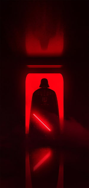 Darth Vader Silhouette Standing in Red Light with Glowing Lightsaber HD phone wallpaper