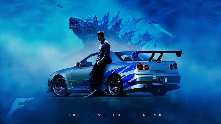 Nissan Skyline GT-R R34 Godzilla with driver and monster silhouette in blue cinematic lighting HD wallpaper