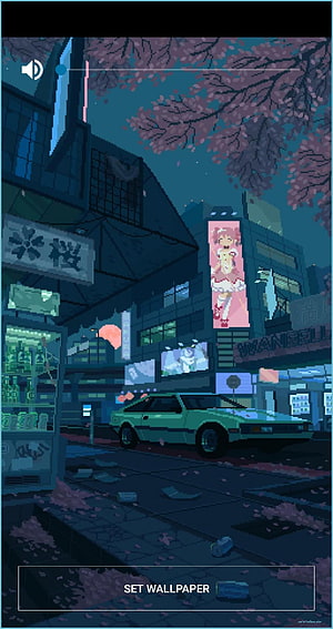 Pixel Art Japanese City Street at Night with Neon Signs and Retro Car HD phone wallpaper