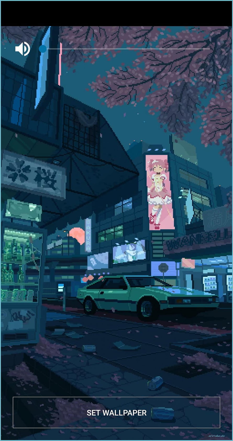 Pixel Art Japanese City Street at Night with Neon Signs and Retro Car HD phone wallpaper