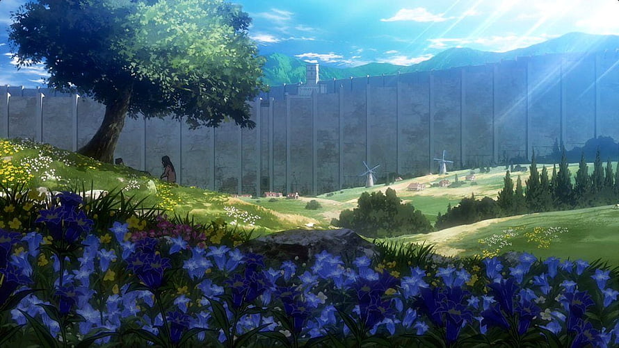 Attack on Titan Wall Maria Landscape with Blue Flowers and Windmills HD wallpaper