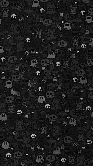 Dark Monochrome Halloween Pattern With Cute Ghosts, Skulls, Bats, and Pumpkins HD phone wallpaper
