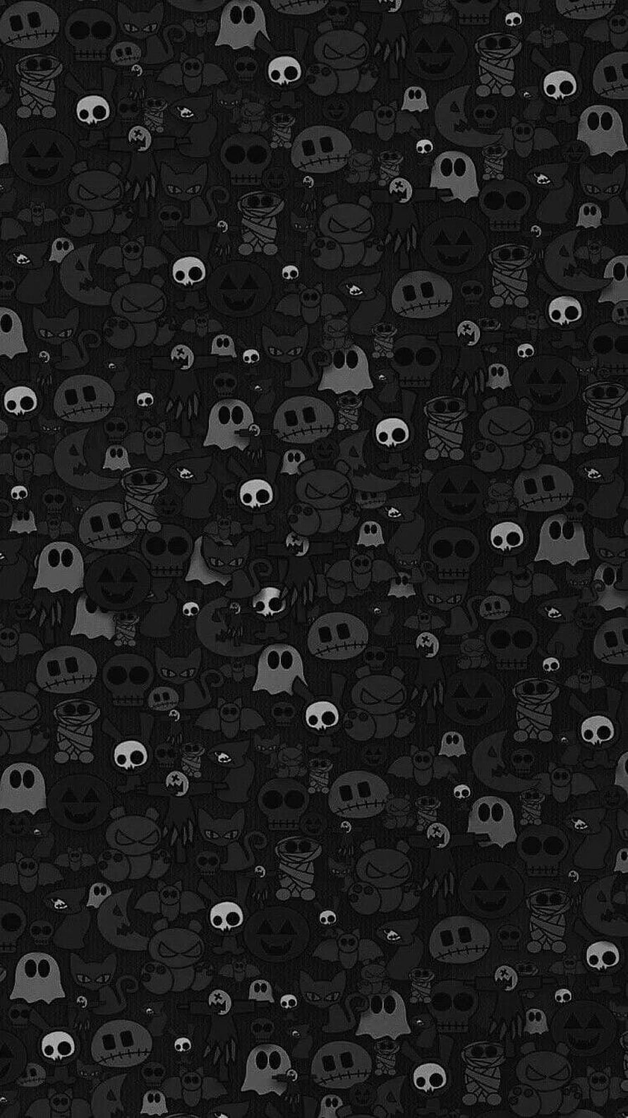Dark Monochrome Halloween Pattern With Cute Ghosts, Skulls, Bats, and Pumpkins HD phone wallpaper