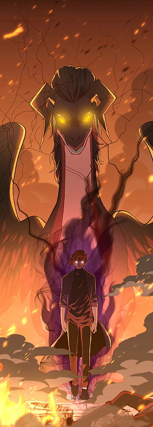 Young man with glowing eyes standing before a massive horned dragon spirit in a fiery apocalyptic landscape, Arthur Leywin / TBATE, magic, Sylvie, manhwa, beginning, Tessia, after-the-end, manga, dragon HD phone wallpaper