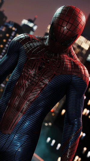Spider-Man in Advanced Red and Blue Suit Standing Against City Skyline, Spiderman, hollywood movie HD phone wallpaper