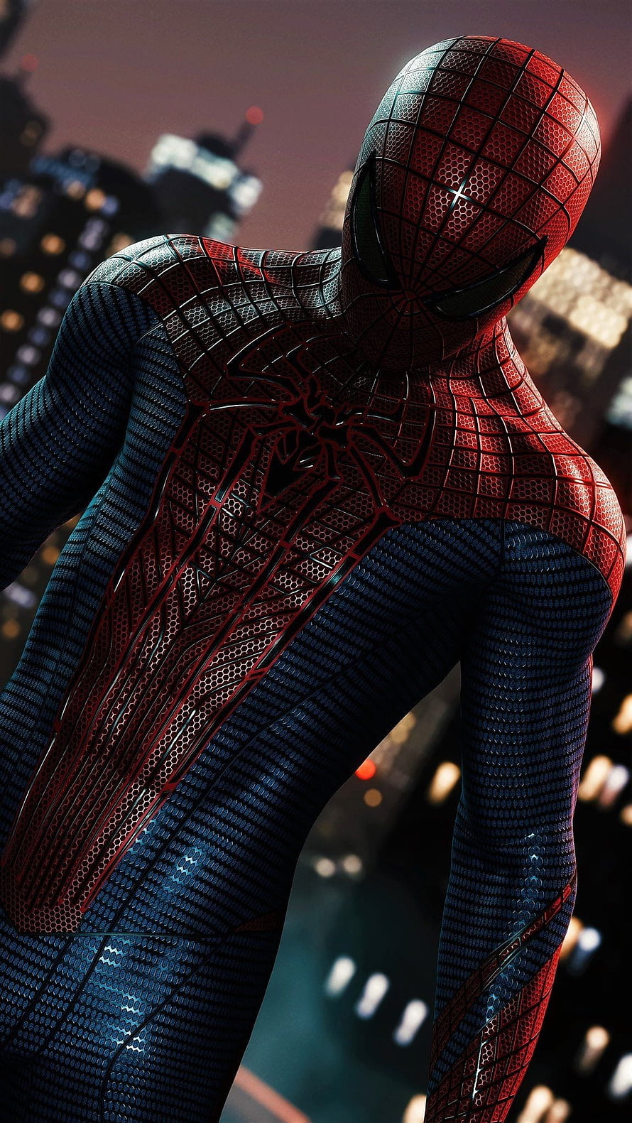 Spider-Man in Advanced Red and Blue Suit Standing Against City Skyline, Spiderman, hollywood movie HD phone wallpaper