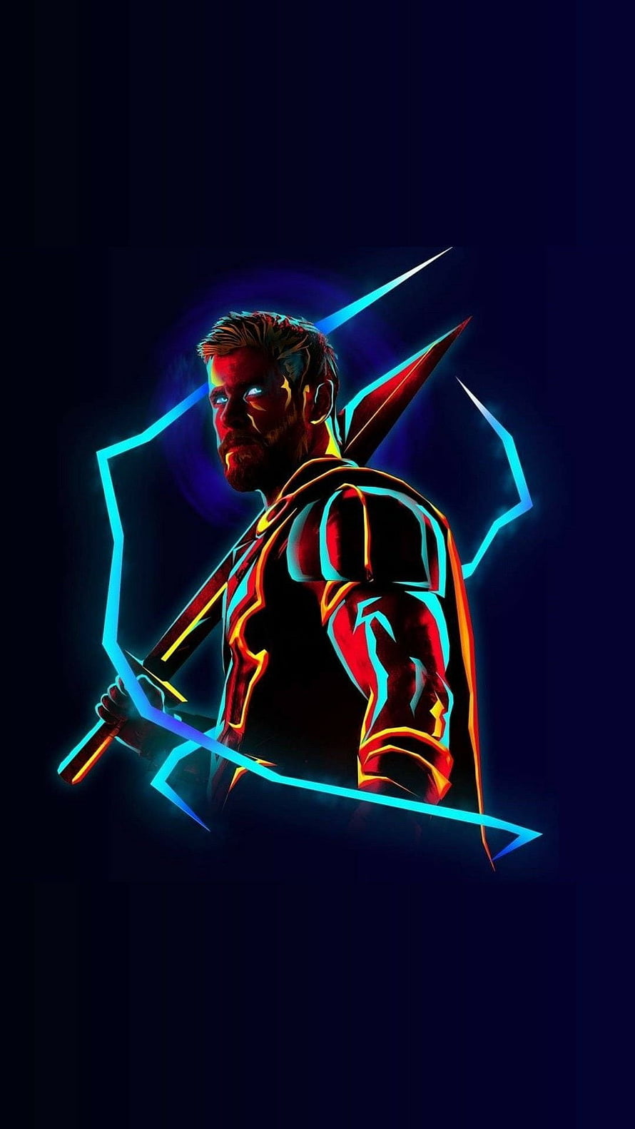 Neon-lit Marvel superhero holding a glowing spear against a dark background HD phone wallpaper
