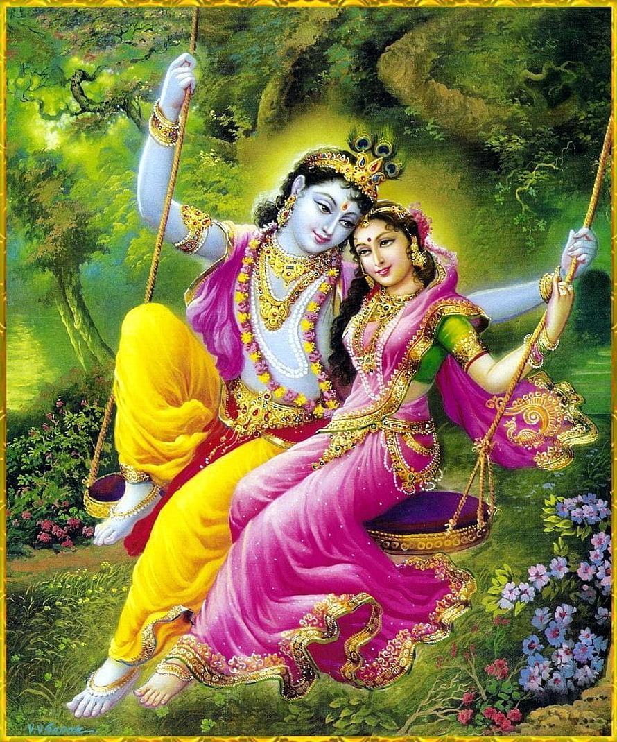 Radha Krishna on a Swing in a Lush Garden Traditional Indian Painting HD phone wallpaper