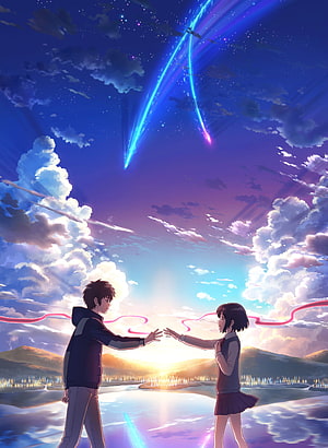 Your Name Anime Taki and Mitsuha Reaching Out Under Comet Sky HD phone wallpaper