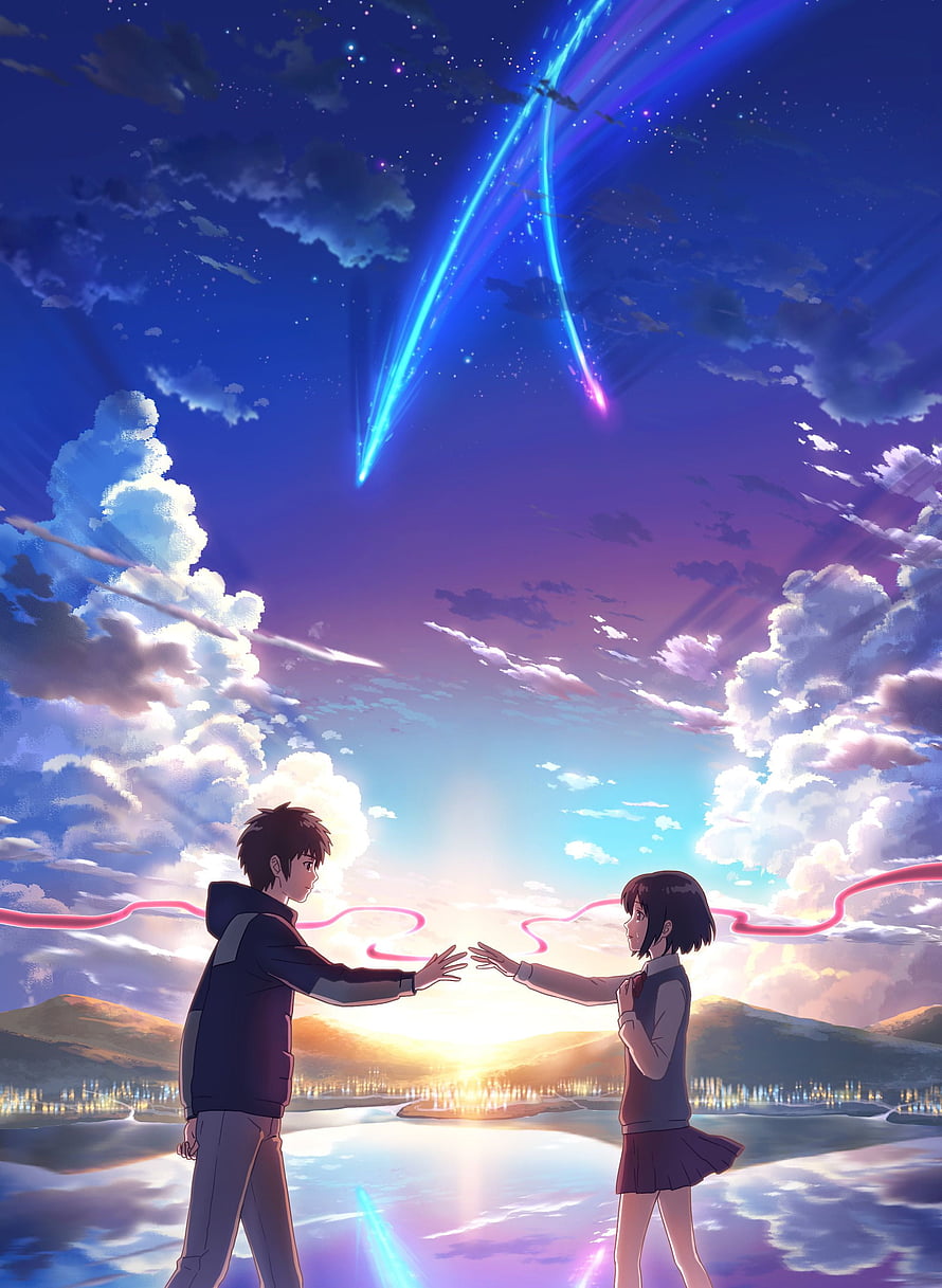 Your Name Anime Taki and Mitsuha Reaching Out Under Comet Sky HD phone wallpaper
