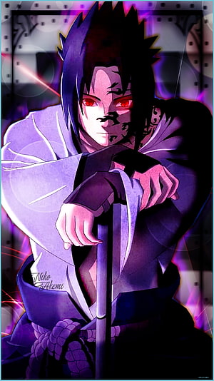 Uchiha Sasuke Sharingan Anime Character Portrait with Purple and Red Lighting HD phone wallpaper