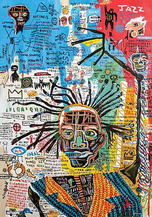 Jean-Michel Basquiat Portrait Painting with Doodle Background and Bold Colors HD phone wallpaper