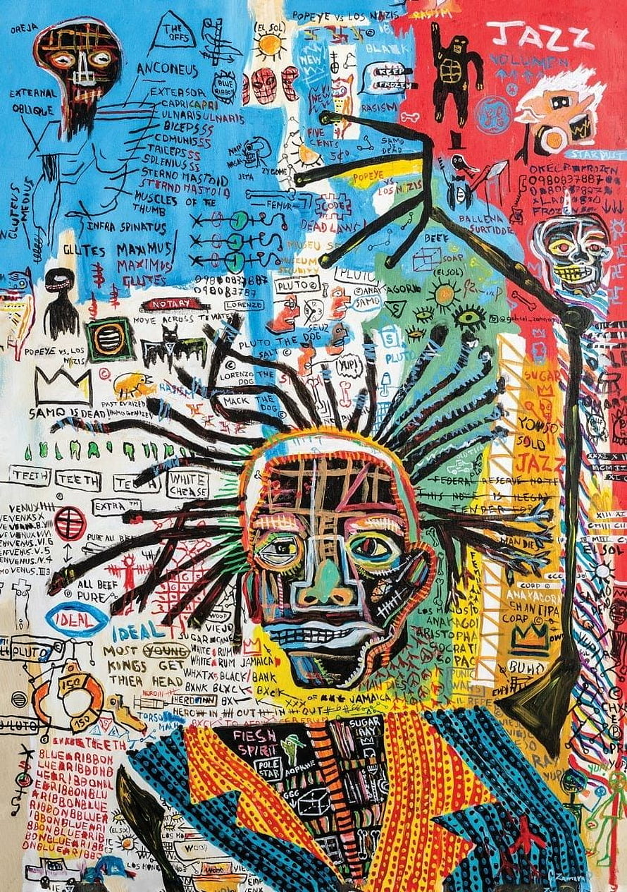 Jean-Michel Basquiat Portrait Painting with Doodle Background and Bold Colors HD phone wallpaper