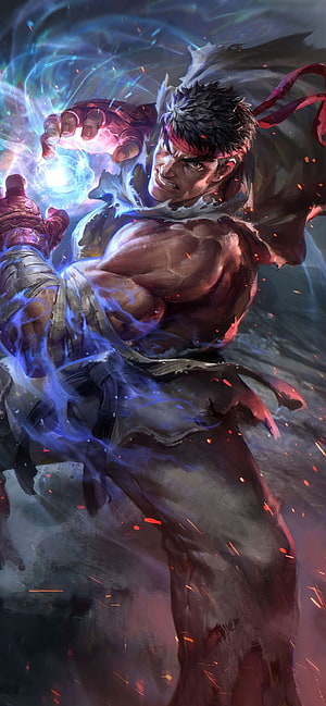 Ryu from Street Fighter 5 channeling Hadouken energy in dynamic anime illustration HD phone wallpaper