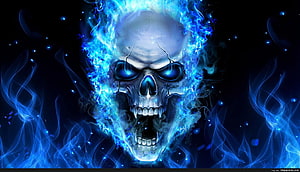 Glowing Blue Fire Skull With Cracks And Ethereal Flames On Dark Background HD wallpaper