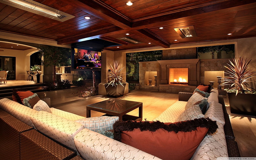 Luxury Home Entertainment Lounge With Cozy Fireplace And Wood Ceiling HD wallpaper