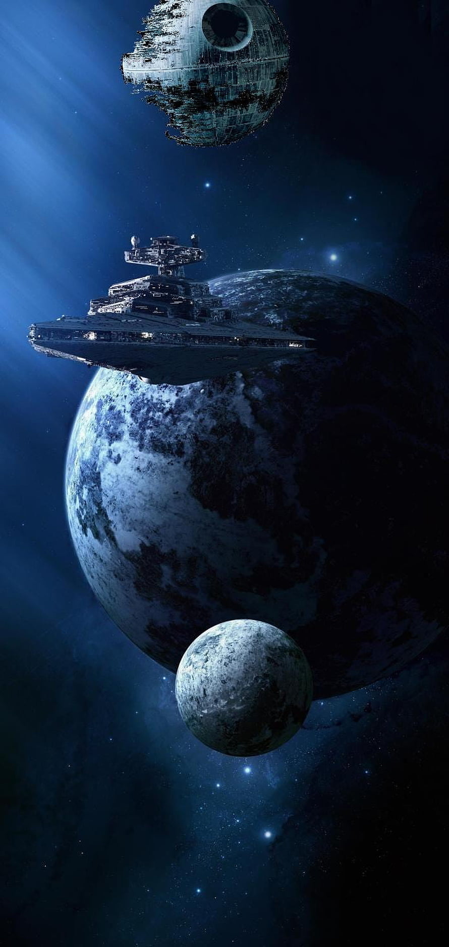 Star Wars Imperial Star Destroyer and Death Star Orbiting a Planet in Deep Space HD phone wallpaper