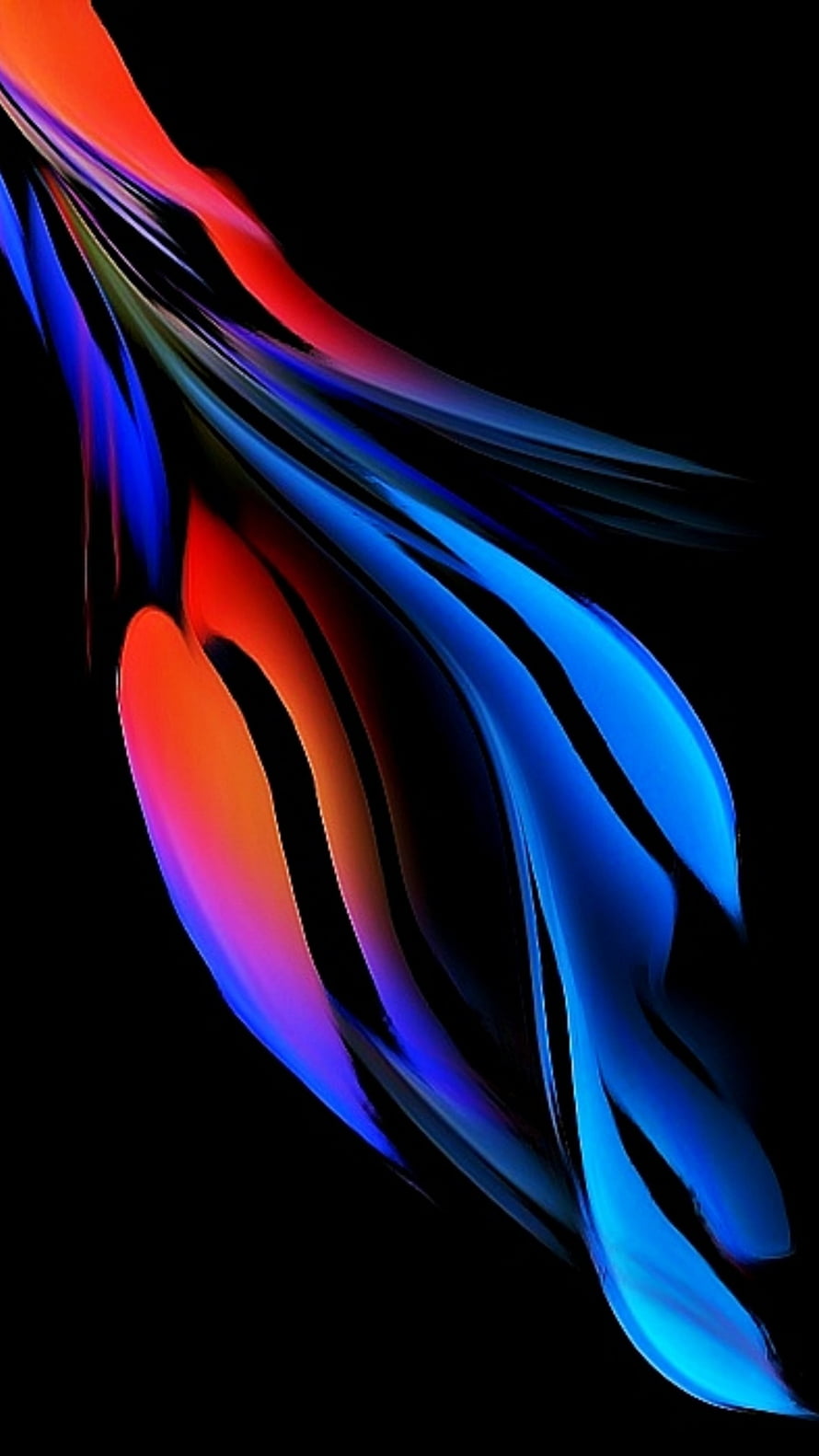 Vibrant abstract digital art with flowing red and blue neon ribbons on a black background HD phone wallpaper