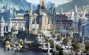Majestic Fantasy Cityscape with Grand Palace, Golden Domes, and Mountain Waterfalls HD wallpaper