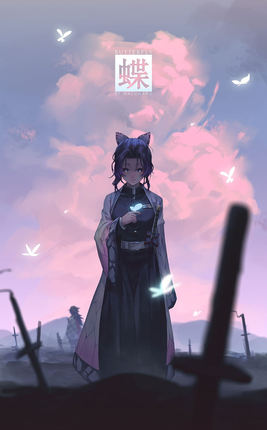 Shinobu Kocho from Demon Slayer standing in a battlefield with glowing butterflies and pink clouds HD phone wallpaper