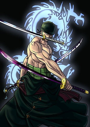 Roronoa Zoro Wielding Three Swords with Glowing Dragon Aura in One Piece Anime Style HD phone wallpaper