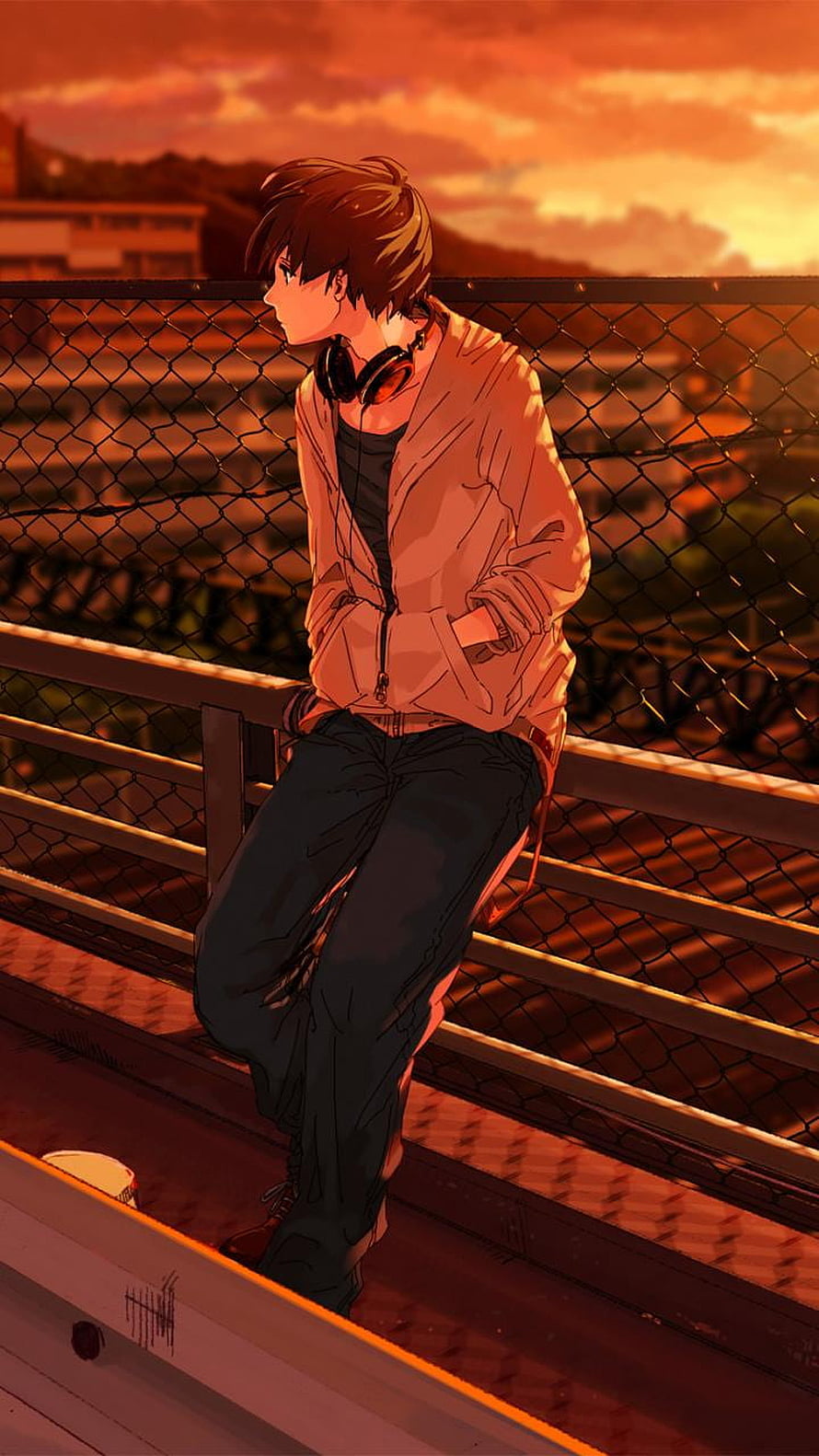 Anime Boy With Headphones Leaning On Fence At Sunset HD phone wallpaper