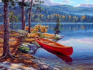 Red Canoe on a Serene Lake Shore with Pine Trees and Autumn Foliage HD wallpaper