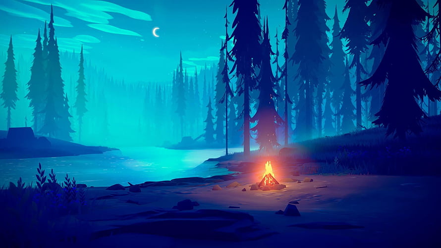 Stylized Nighttime Campfire Scene in a Misty Pine Forest by a Lake HD wallpaper