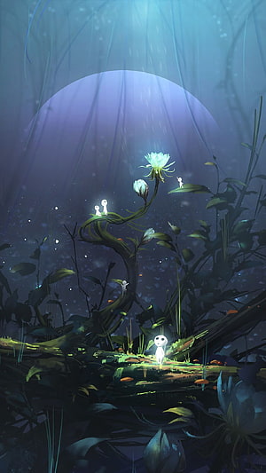 Kodama Forest Spirits in a Luminous Night Garden with Glowing Flowers and Moonlight HD phone wallpaper