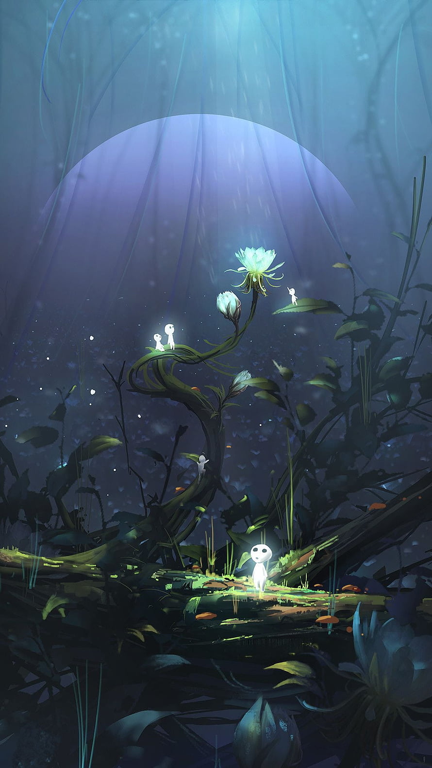Kodama Forest Spirits in a Luminous Night Garden with Glowing Flowers and Moonlight HD phone wallpaper