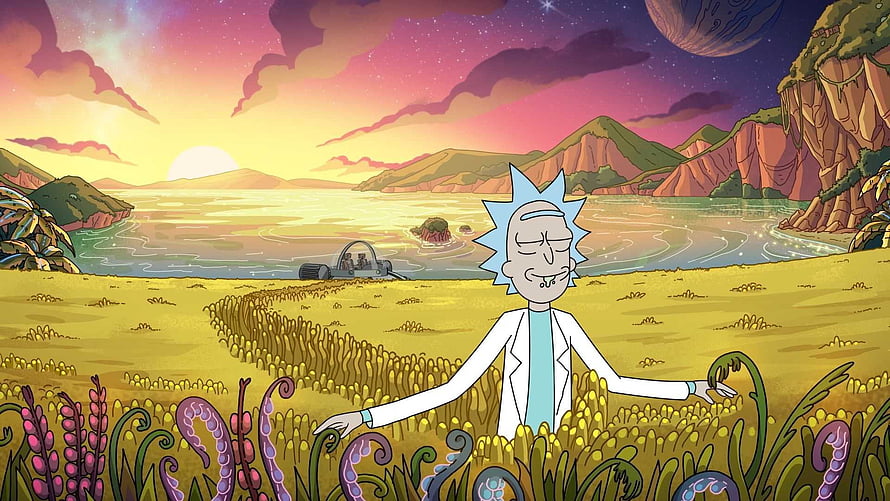 Rick Sanchez Standing in Alien Wheat Field with Spaceship and Sunset Sky HD wallpaper