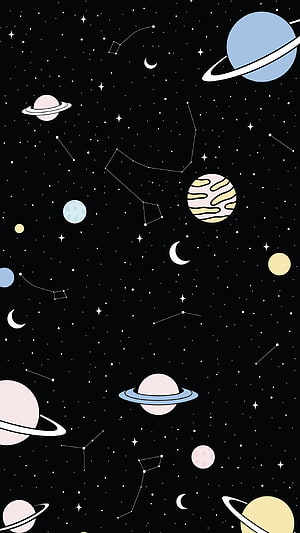 Cute Pastel Space Wallpaper with Planets, Moons, and Constellations on Black Background HD phone wallpaper
