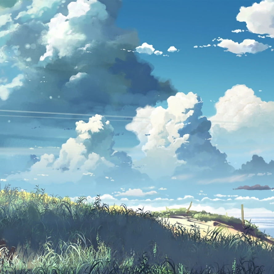 Anime Style Summer Landscape With Fluffy Clouds And Grassy Hill HD phone wallpaper