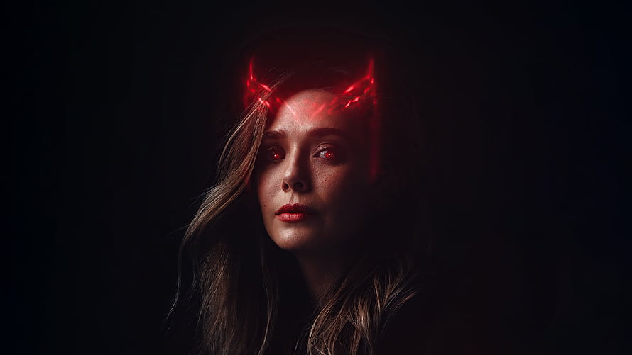 Scarlet Witch Portrait with Glowing Red Horns and Eyes in Dark Cinematic Lighting HD wallpaper