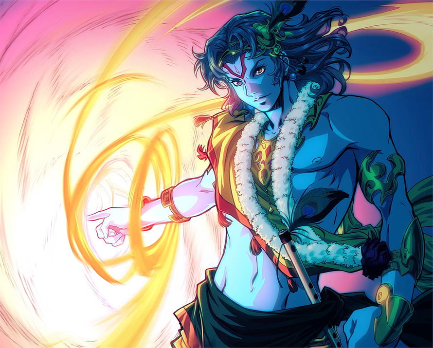 Blue-skinned Hindu deity Krishna playing flute with peacock feather and golden energy swirls HD wallpaper