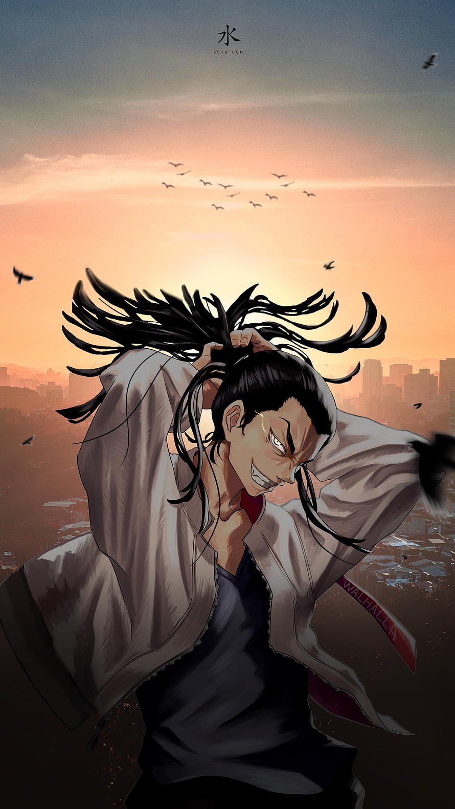 Keisuke Baji Anime Character Artwork with Flowing Hair at Sunset HD phone wallpaper