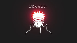 Pain from Naruto in Minimalist Neon Line Art with Red Glow and Japanese Text HD wallpaper