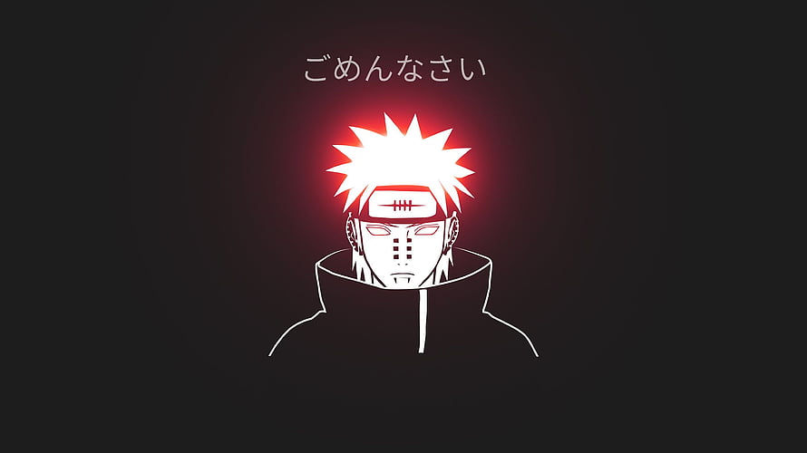 Pain from Naruto in Minimalist Neon Line Art with Red Glow and Japanese Text HD wallpaper