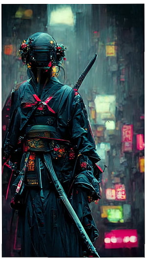 Cyberpunk Ronin Warrior in Neon-Lit Alley with Katana and Traditional Armor HD phone wallpaper
