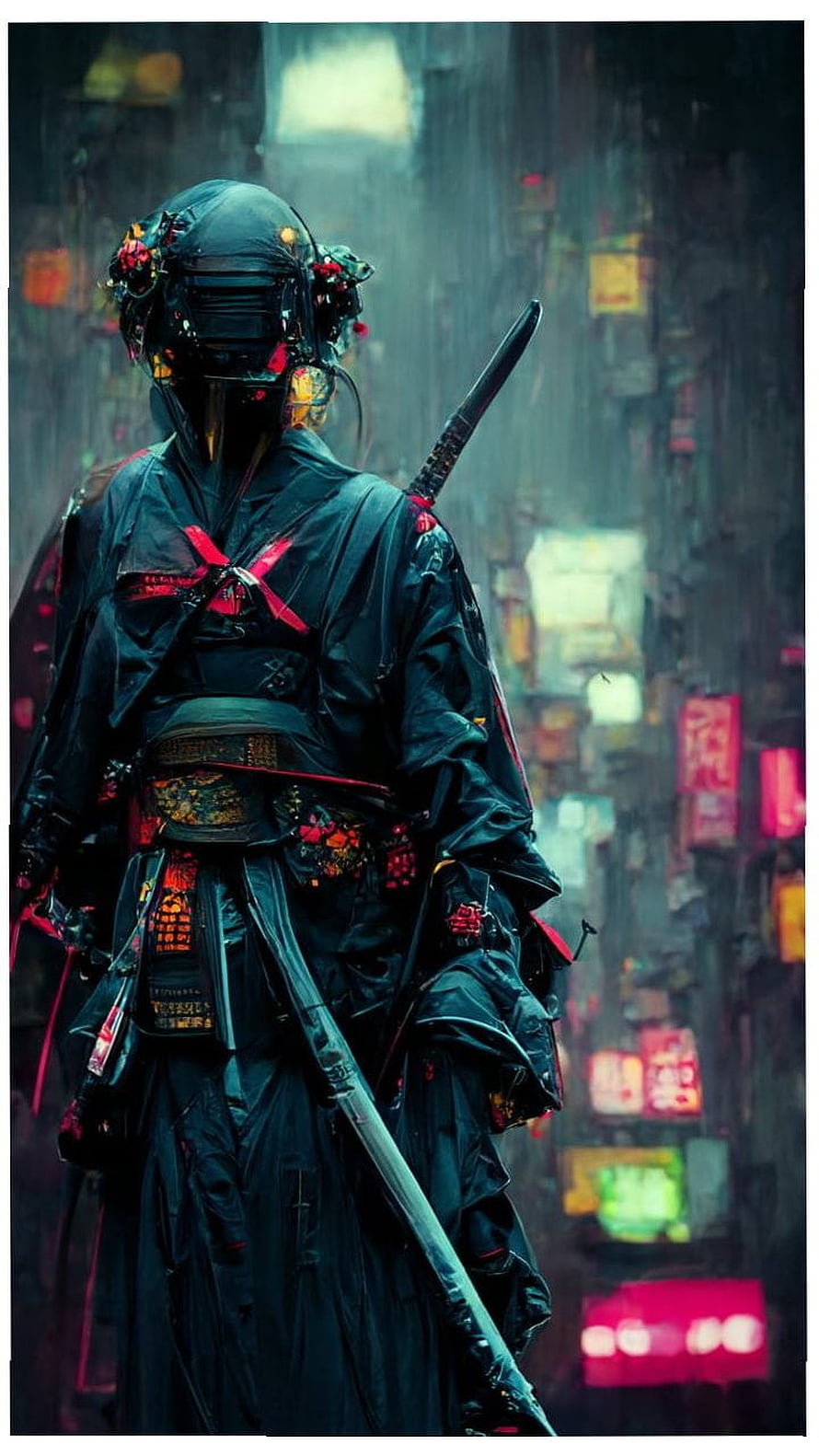Cyberpunk Ronin Warrior in Neon-Lit Alley with Katana and Traditional Armor HD phone wallpaper