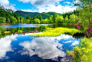 Serene Lake Reflections with Lush Green Mountains and Vibrant Forest Scenery HD wallpaper