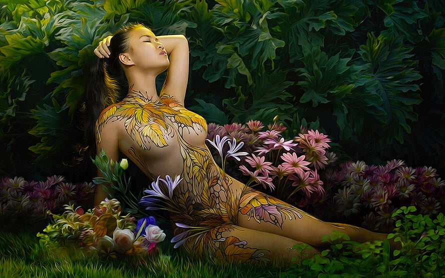 Woman with intricate autumn leaf body art relaxing in a lush garden with colorful flowers, Etheral Beauty, digital, art, fantasy, feminine, girl, beauty, woman, etheral, , flowers HD wallpaper