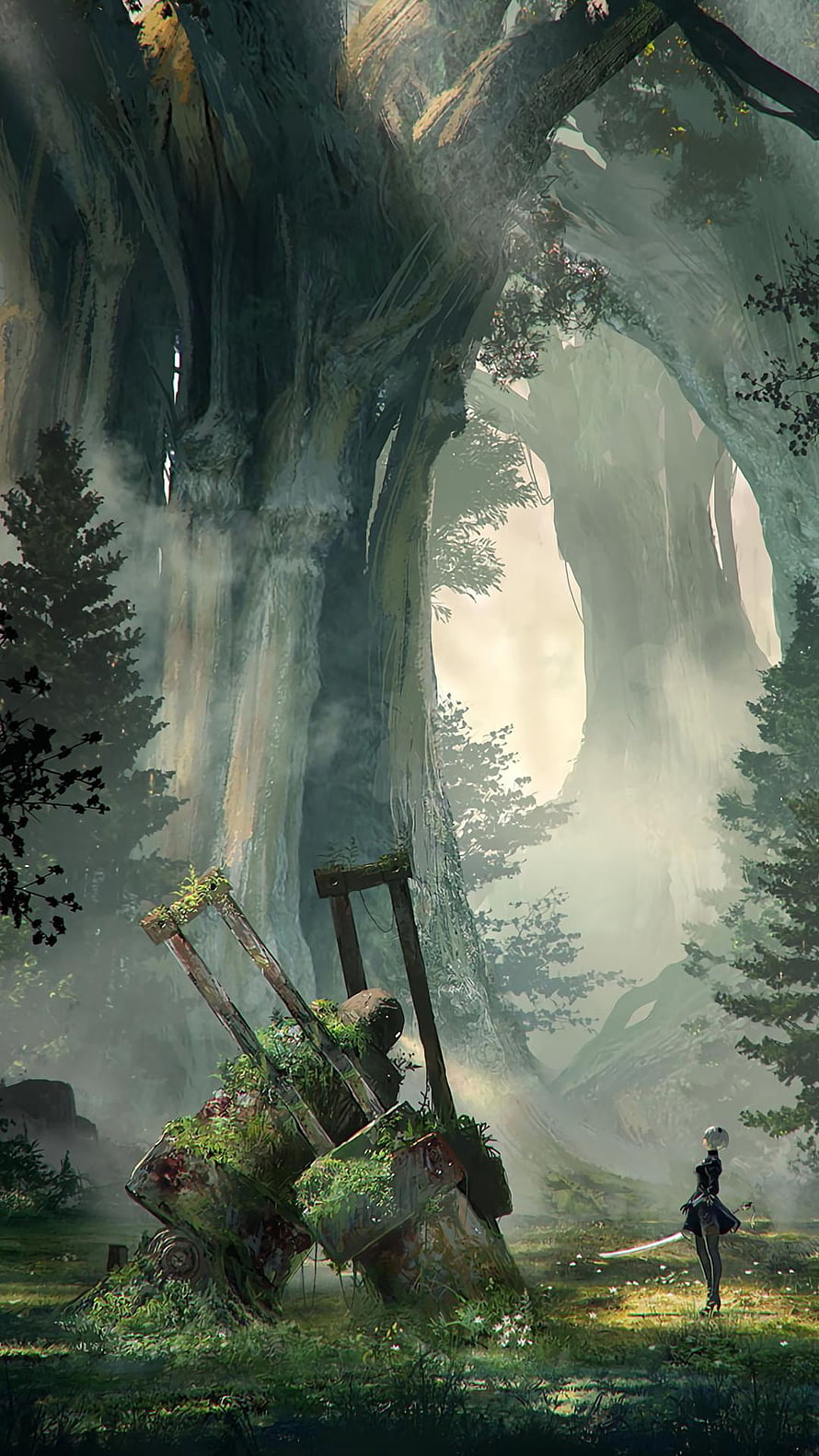 2B from Nier Automata standing in a misty forest with giant ancient trees and overgrown ruins HD phone wallpaper