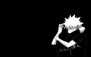 Monochrome Anime Character with Spiky Hair in Contemplative Pose HD wallpaper