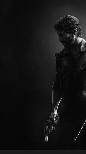 Joel from The Last of Us holding a revolver in dramatic black and white lighting HD phone wallpaper
