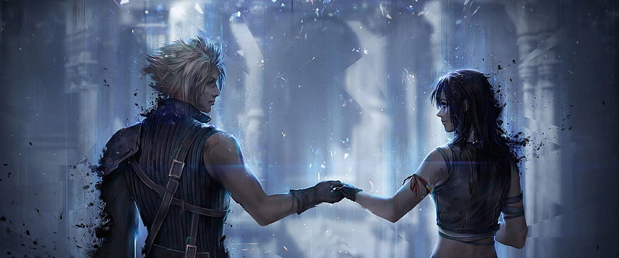 Cloud Strife and Tifa Lockhart holding hands in a dramatic blue Final Fantasy VII scene HD wallpaper